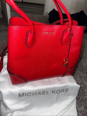 Michael Kors Vibrant Red Pebbled Leather Tote with Gold Accent